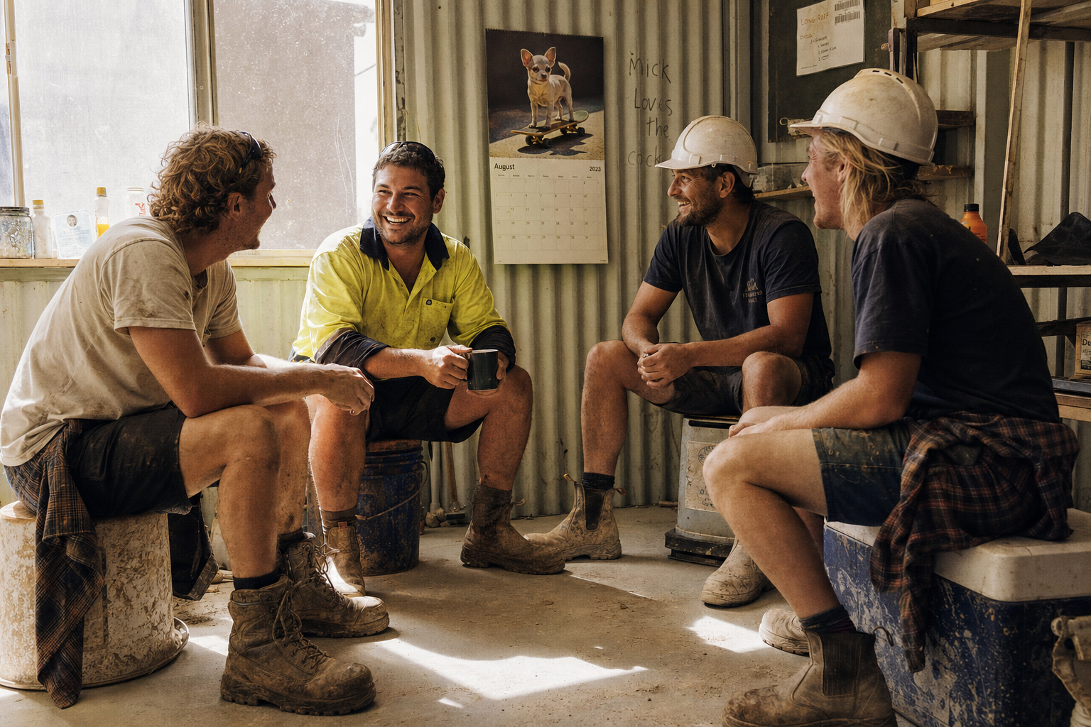 Four tradies in a smoko shed, Western Sydney